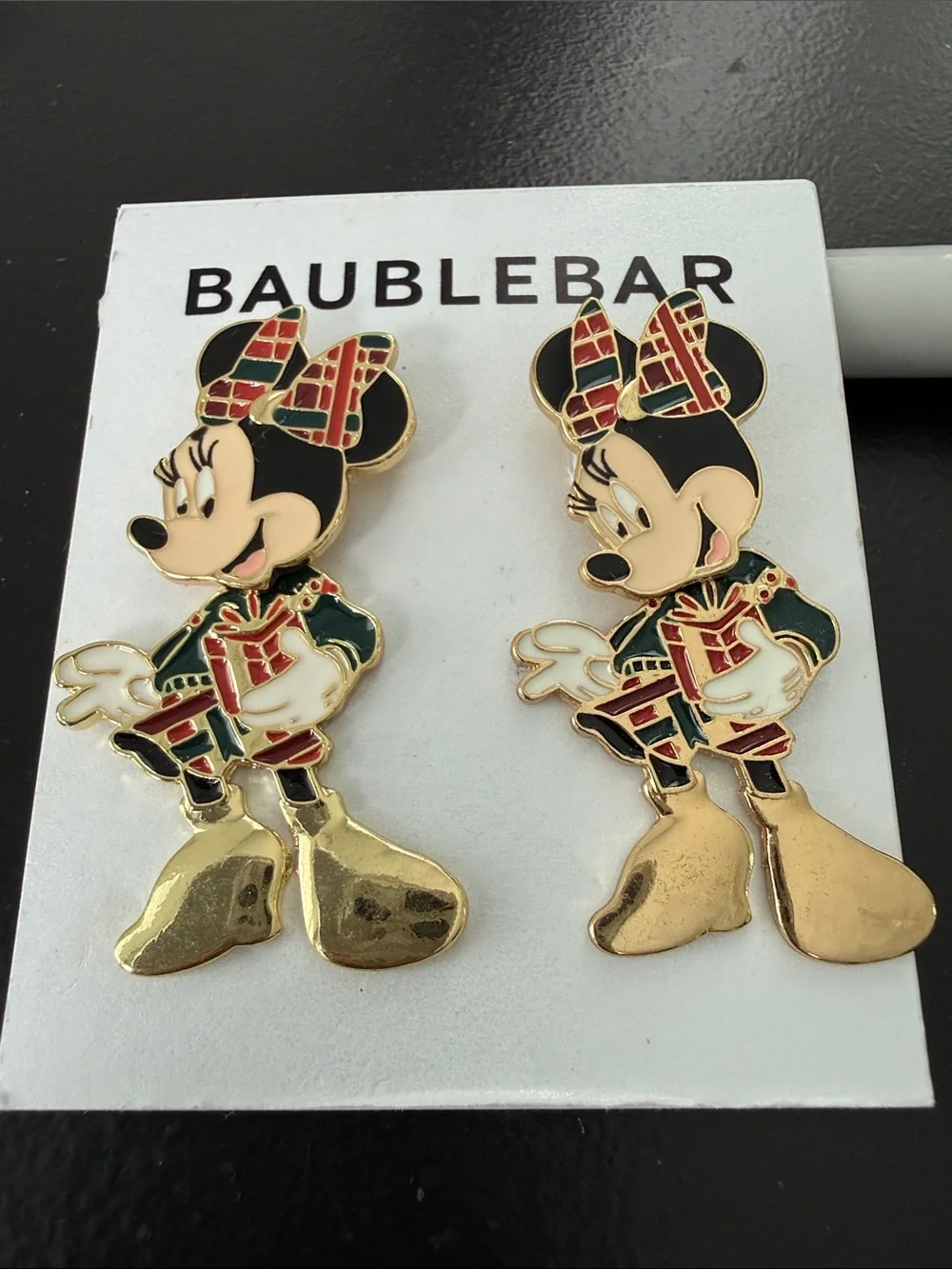 NEW Disney Baublebar Christmas Earrings Minnie Mouse , plaid bow, moves, dangles